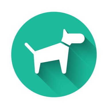 Beyaz Köpek simgesi uzun gölge ile izole. Yeşil daire düğmesi. Vektör İllüstrasyonu