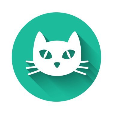 Beyaz Kedi simgesi uzun gölge ile izole. Yeşil daire düğmesi. Vektör İllüstrasyonu