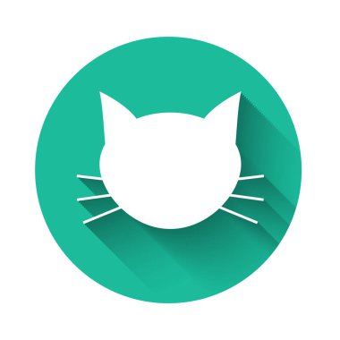 Beyaz Kedi simgesi uzun gölge ile izole. Yeşil daire düğmesi. Vektör İllüstrasyonu