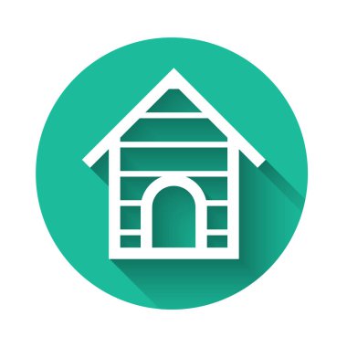 Beyaz Köpek evi simgesi uzun gölge ile izole. Köpek kulübesi. Yeşil daire düğmesi. Vektör İllüstrasyonu