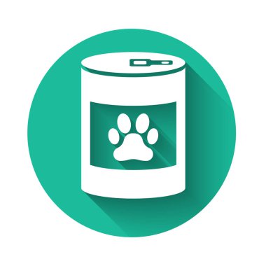 Uzun gölgeli beyaz konserve ikonu. Hayvanlar için yiyecek. Evcil hayvan yiyeceği kutusu. Köpek ya da kedi pençesi izi. Yeşil daire düğmesi. Vektör İllüstrasyonu