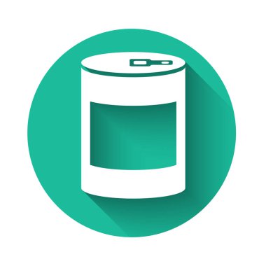 Uzun gölgeli beyaz konserve ikonu. Hayvanlar için yiyecek. Evcil hayvan yiyeceği kutusu. Yeşil daire düğmesi. Vektör İllüstrasyonu