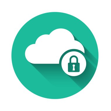 Beyaz Bulut bilgisayar kilidi ikonu uzun gölgeli izole edildi. Güvenlik, güvenlik, koruma kavramı. Yeşil daire düğmesi. Vektör İllüstrasyonu