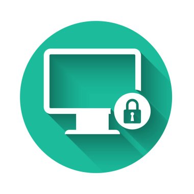 Bilgisayar monitörü simgesindeki beyaz kilit uzun gölgeli izole edildi. Monitör ve asma kilit. Güvenlik, güvenlik, koruma kavramı. Güvenli bir ağ. Yeşil daire düğmesi. Vektör İllüstrasyonu