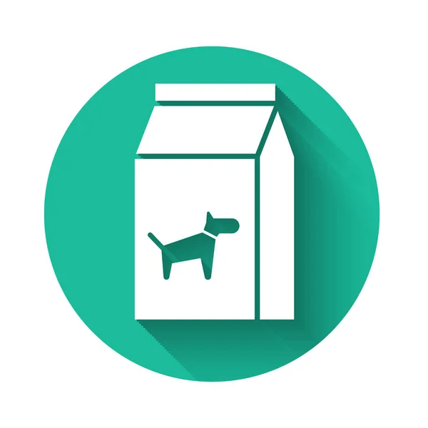White Bag of food for dog icon isolated with long shadow. Food for animals. Pet food package. Green circle button. Vector Illustration — Stock Vector
