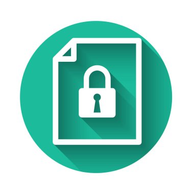 Beyaz Belge ve kilit simgesi uzun gölgeli izole edildi. Dosya biçimi ve asma kilit. Güvenlik, güvenlik, koruma kavramı. Yeşil daire düğmesi. Vektör İllüstrasyonu