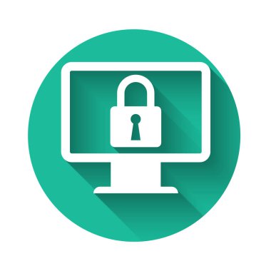 Bilgisayar monitörü simgesindeki beyaz kilit uzun gölgeli izole edildi. Monitör ve asma kilit. Güvenlik, güvenlik, koruma kavramı. Güvenli bir ağ. Yeşil daire düğmesi. Vektör İllüstrasyonu