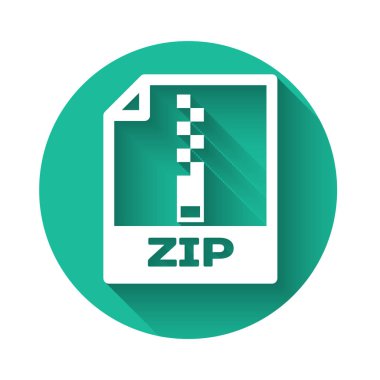 Beyaz Zip dosya belge simgesi. Uzun gölgeyle izole edilmiş zip düğmesi simgesi indir. Zip dosya sembolü. Yeşil daire düğmesi. Vektör İllüstrasyonu