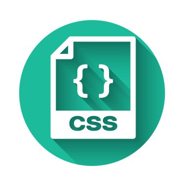 White Css dosya simgesi. Uzun gölgeli css simgesi indir. Css dosya sembolü. Yeşil daire düğmesi. Vektör İllüstrasyonu
