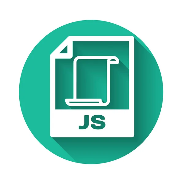 ホワイトJsファイルのドキュメントアイコン。長い影で隔離されたjsボタンアイコンをダウンロードします。JSファイルのシンボル。緑色の丸ボタン。ベクターイラスト — ストックベクタ