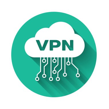 Beyaz Bulut Vpn arayüz simgesi uzun gölgeli izole edildi. Yazılım entegrasyonu Yeşil daire düğmesi. Vektör İllüstrasyonu
