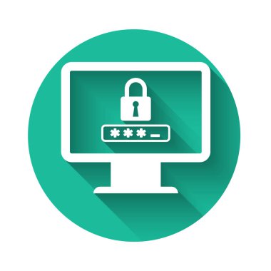 Parola bildirimli beyaz monitör ve uzun gölgeli kilit simgesi. Güvenlik kavramı, kişisel erişim, kullanıcı yetkisi, giriş formu. Yeşil daire düğmesi. Vektör İllüstrasyonu