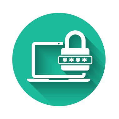 Şifreli beyaz dizüstü bilgisayar ve uzun gölgeli kilit simgesi. Güvenlik kavramı, kişisel erişim, kullanıcı yetkisi, giriş formu. Yeşil daire düğmesi. Vektör İllüstrasyonu