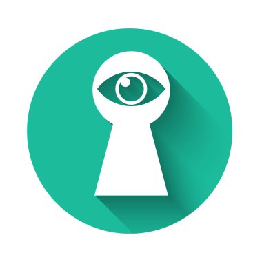 Göz simgesi uzun gölgeli beyaz anahtar deliği. Göz anahtar deliğine bakıyor. Anahtar deliği göz deliği. Yeşil daire düğmesi. Vektör İllüstrasyonu