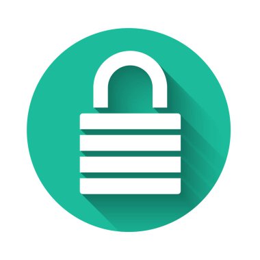 Beyaz Kilit simgesi uzun gölgeyle izole edildi. Asma kilit işareti. Güvenlik, güvenlik, koruma, gizlilik kavramı. Yeşil daire düğmesi. Vektör İllüstrasyonu