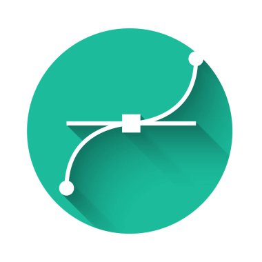 Beyaz Bezier eğrisi simgesi uzun gölgeli izole edilmiş. Kalem aracı simgesi. Yeşil daire düğmesi. Vektör İllüstrasyonu