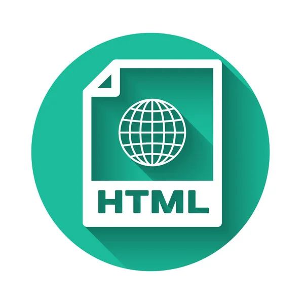 Ícone de documento de arquivo HTML branco. Baixar ícone de botão html isolado com sombra longa. Símbolo de arquivo HTML. Símbolo de linguagem de marcação. Botão de círculo verde. Ilustração vetorial — Vetor de Stock