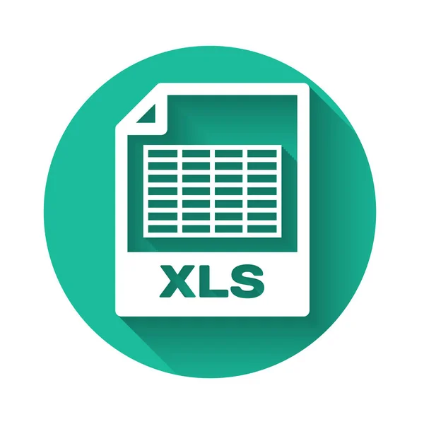 Weiße xls-Datei Dokument-Symbol. herunterladen xls Taste Symbol isoliert mit langem Schatten. Excel-Dateisymbol. grüner Kreis-Knopf. Vektorillustration — Stockvektor