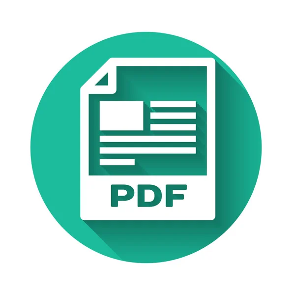 Icona documento PDF bianco. Scarica l'icona del pulsante pdf isolato con lunga ombra. Simbolo file PDF. Pulsante cerchio verde. Illustrazione vettoriale — Vettoriale Stock