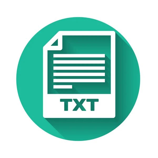 Icono de documento de archivo TXT blanco. Descargar icono del botón txt aislado con sombra larga. Texto símbolo de extensión de archivo. Botón círculo verde. Ilustración vectorial — Vector de stock
