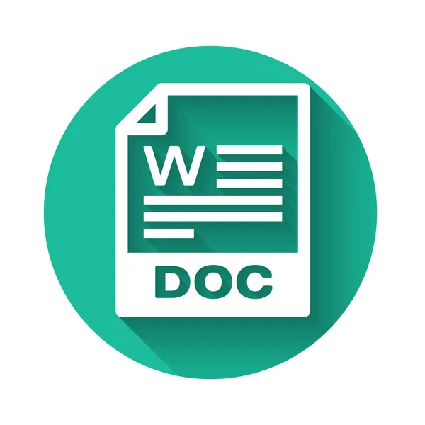 Het pictogram van het witte document. Download doc knop pictogram geïsoleerd met lange schaduw. Doc bestandsextensie symbool. Groene cirkel knop. Vector Illustratie — Stockvector