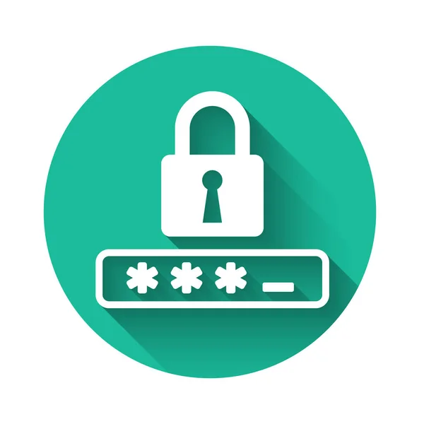 White Password protection and safety access icon isolated with long shadow. Lock icon. Security, safety, protection, privacy concept. Green circle button. Vector Illustration