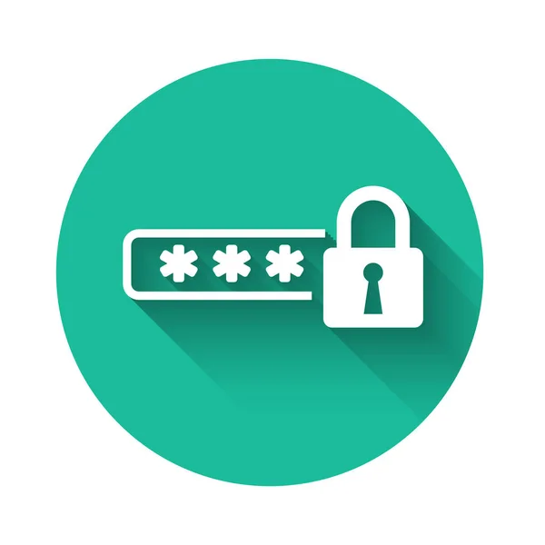 白色密码保护和安全访问图标与长阴影隔离。 锁定图标。 安保、安全、保护、隐私概念。 绿色圆环按钮。 病媒图解 — 图库矢量图片
