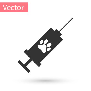 Beyaz arka planda izole evcil hayvan aşısı simgesi ile Gri Şırınga. Köpek ya da kedi pençesi izi. Vektör İllüstrasyonu