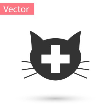 Gri Veteriner kliniği sembol simgesi beyaz arka plan üzerinde izole. Kedi veteriner bakımı ile çapraz. Pet İlk Yardım işareti. Vektör İllüstrasyonu