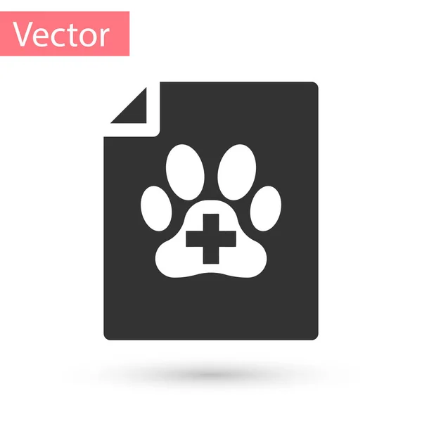 Certificado médico gris para viajar con icono de perro o gato aislado sobre fondo blanco. Documento para mascotas. Huella de pata de perro o gato. Ilustración vectorial — Vector de stock