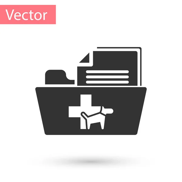 Ícone de pasta de registro médico veterinário cinza isolado no fundo branco. Impressão de pata de cão ou gato. Documento para animais. Ícone de arquivo do paciente. Ilustração vetorial — Vetor de Stock