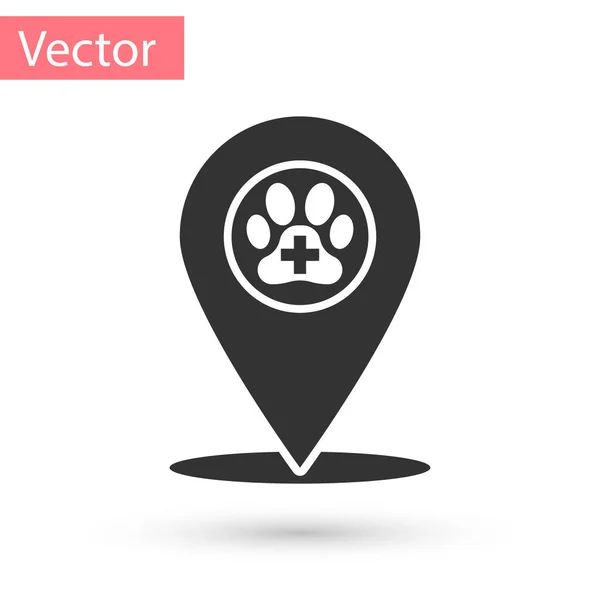 Puntero de mapa gris con hospital de medicina veterinaria, clínica o tienda de mascotas para animales icono aislado sobre fondo blanco. Veterinaria o veterinaria clínica. Ilustración vectorial — Vector de stock