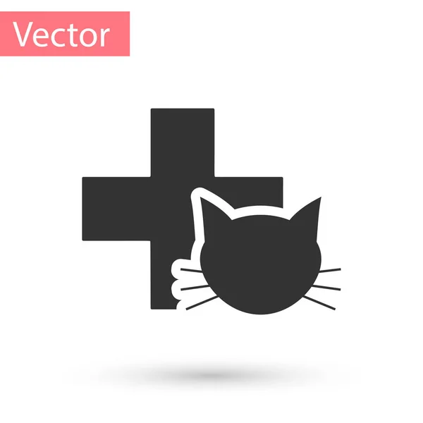 Icône symbole clinique vétérinaire gris isolé sur fond blanc. Traverser avec les soins vétérinaires chat. Pet First Aid signe. Illustration vectorielle — Image vectorielle