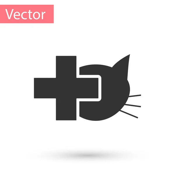 Ícone de símbolo clínica veterinária cinza isolado no fundo branco. Cruze com cuidados veterinários gato. Sinal de primeiros socorros. Ilustração vetorial — Vetor de Stock