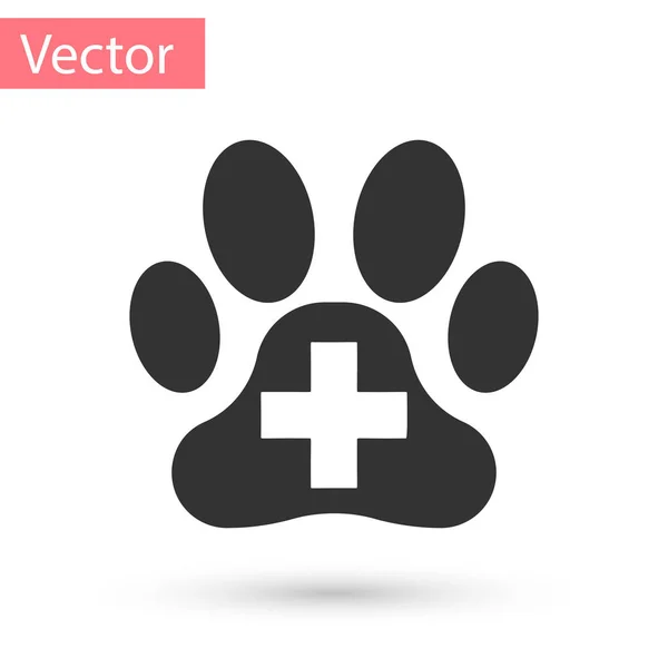 Icono símbolo de la clínica veterinaria gris aislado sobre fondo blanco. Cruz de la señal del hospital. Un perro o gato estilizado con estampado de pata. Signo de primeros auxilios. Ilustración vectorial — Vector de stock