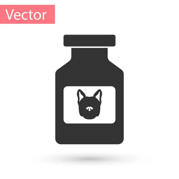 Ícone garrafa de remédio cão cinza isolado no fundo branco. Recipiente com comprimidos. Medicamento prescrito para animais. Ilustração vetorial — Vetor de Stock