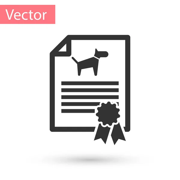 Certificat médical gris pour les voyages avec icône chien ou chat isolé sur fond blanc. Document pour animal domestique. Empreinte de patte de chien ou chat. Illustration vectorielle — Image vectorielle