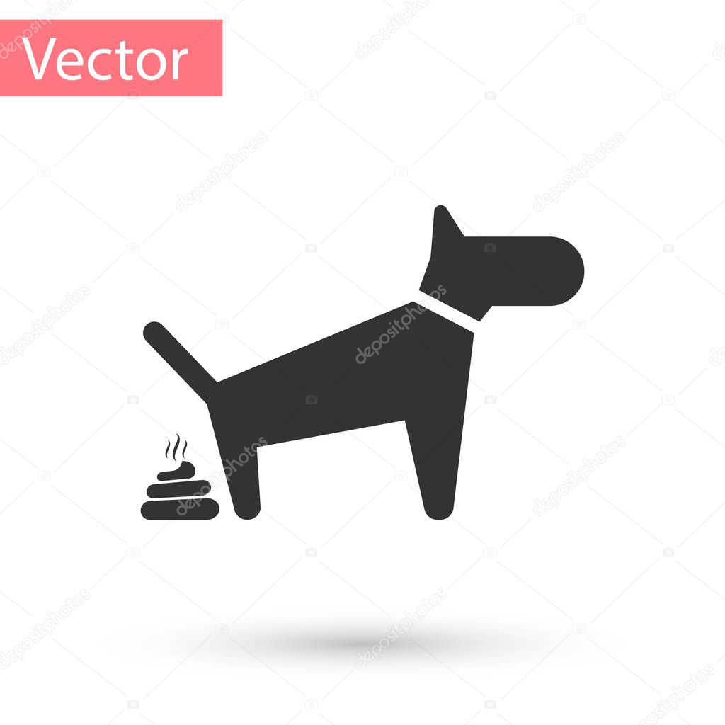 Grey Dog pooping icon isolated on white background. Dog goes to the toilet. Dog defecates. The concept of place for walking pets. Vector Illustration