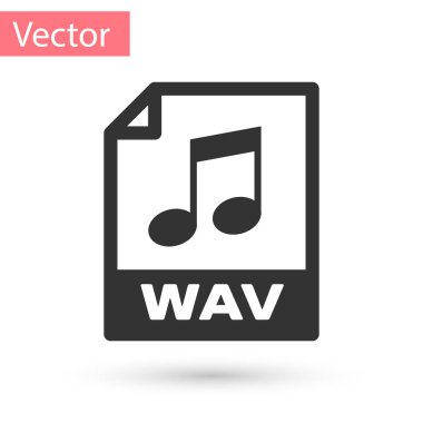 Gri Wav dosya belge simgesi. Beyaz arka planda yalıtılmış wav düğmesi simgesini indirin. Dijital ses riff dosyaları için Wav waveform ses dosyası formatı. Vektör İllüstrasyonu