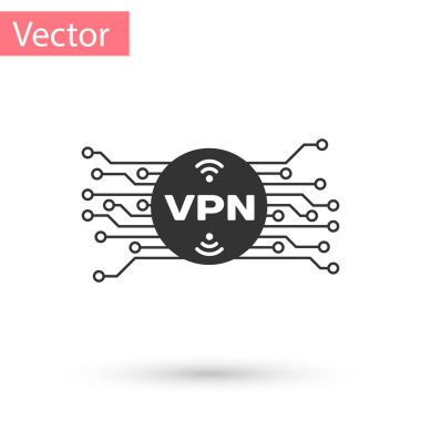 Beyaz arka plan üzerinde izole mikroçip devre simgesi ile daire içinde Gri Vpn. Vektör İllüstrasyonu