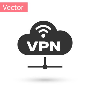 Gri Vpn Ağı bulut bağlantı simgesi beyaz arka planda yalıtılmış. Sosyal teknoloji. Bulut bilgi işlem konsepti. Vektör İllüstrasyonu