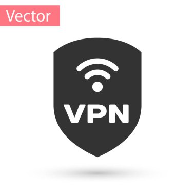 Vpn ve wifi kablosuz internet ağı simge simgesi beyaz arka plan üzerinde izole ile Gri Kalkan. Vpn güvenlik kavramını koruyun. Vektör İllüstrasyonu