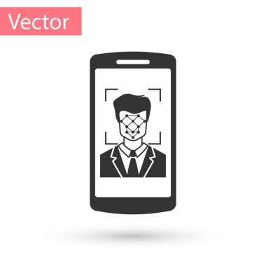 Gri Cep telefonu ve yüz tanıma simgesi beyaz arka planda yalıtılmış. Yüz tanımlama tarayıcı simgesi. Yüz kimliği. Siber güvenlik konsepti. Vektör İllüstrasyonu