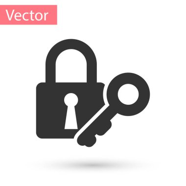 Gri Kilit ve anahtar simgesi beyaz arkaplanda izole edildi. Asma kilit işareti. Güvenlik, güvenlik, koruma, gizlilik kavramı. Vektör İllüstrasyonu