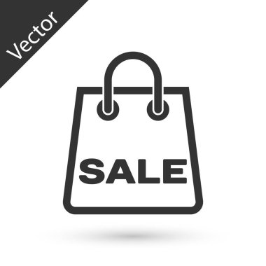Beyaz arka plan üzerinde izole edilmiş bir yazıt Satış simgesi ile Gri Shoping çanta. Çanta tabelası. Kadın çantası simgesi. Kadın çanta tabelası. Vektör İllüstrasyonu