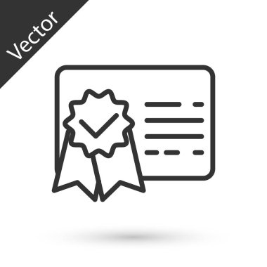 Gri Sertifika şablon satırı simgesi beyaz arka planda yalıtılmış. Başarı, ödül, derece, hibe, diploma kavramları. İş başarı belgesi. Vektör İllüstrasyonu