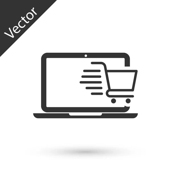 Carrito de compras gris en pantalla icono portátil aislado sobre fondo blanco. Concepto e-commerce, e-business, marketing online. Ilustración vectorial — Vector de stock