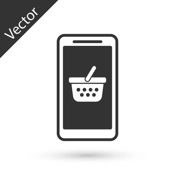 Celular cinza e ícone cesta de compras isolado no fundo branco. Símbolo de compra online. Símbolo da cesta de supermercado. Ilustração vetorial — Vetor de Stock