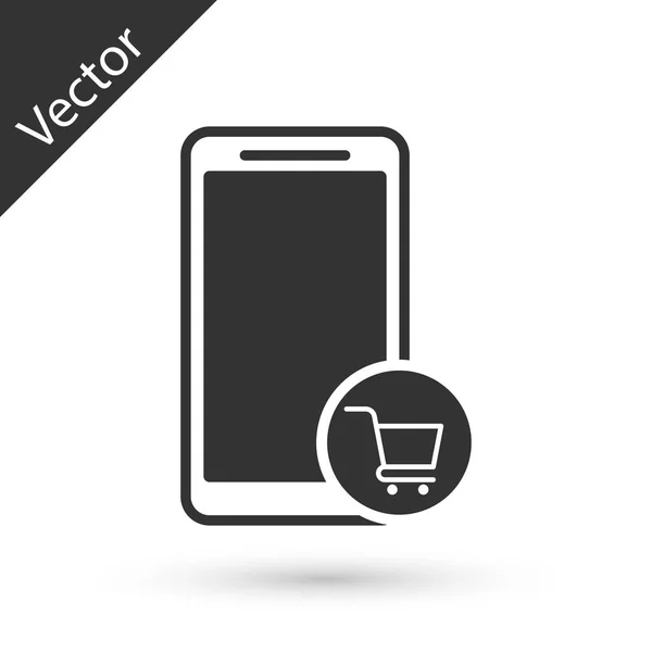 Graues Handy und Warenkorb-Symbol isoliert auf weißem Hintergrund. Online-Kauf-Symbol. Supermarkt Warenkorb Symbol. Vektorillustration — Stockvektor