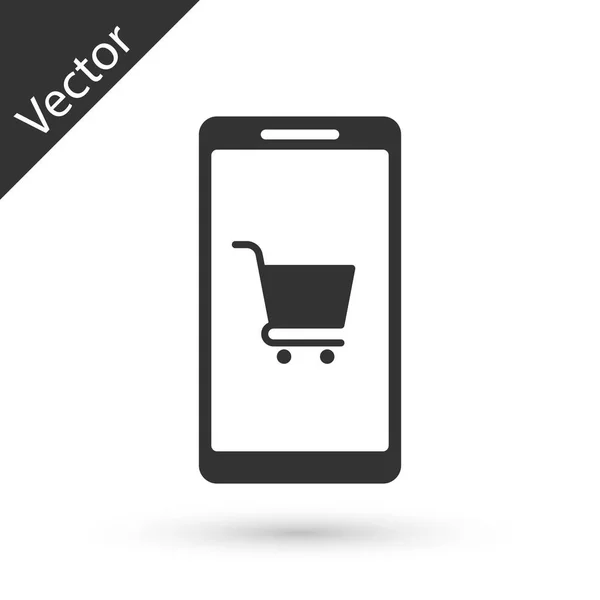 Graues Handy und Warenkorb-Symbol isoliert auf weißem Hintergrund. Online-Kauf-Symbol. Supermarkt Warenkorb Symbol. Vektorillustration — Stockvektor